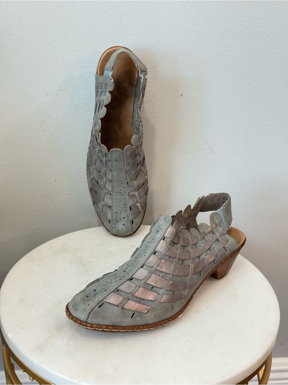 Rieker Gray Woven Leather Slingback Mules